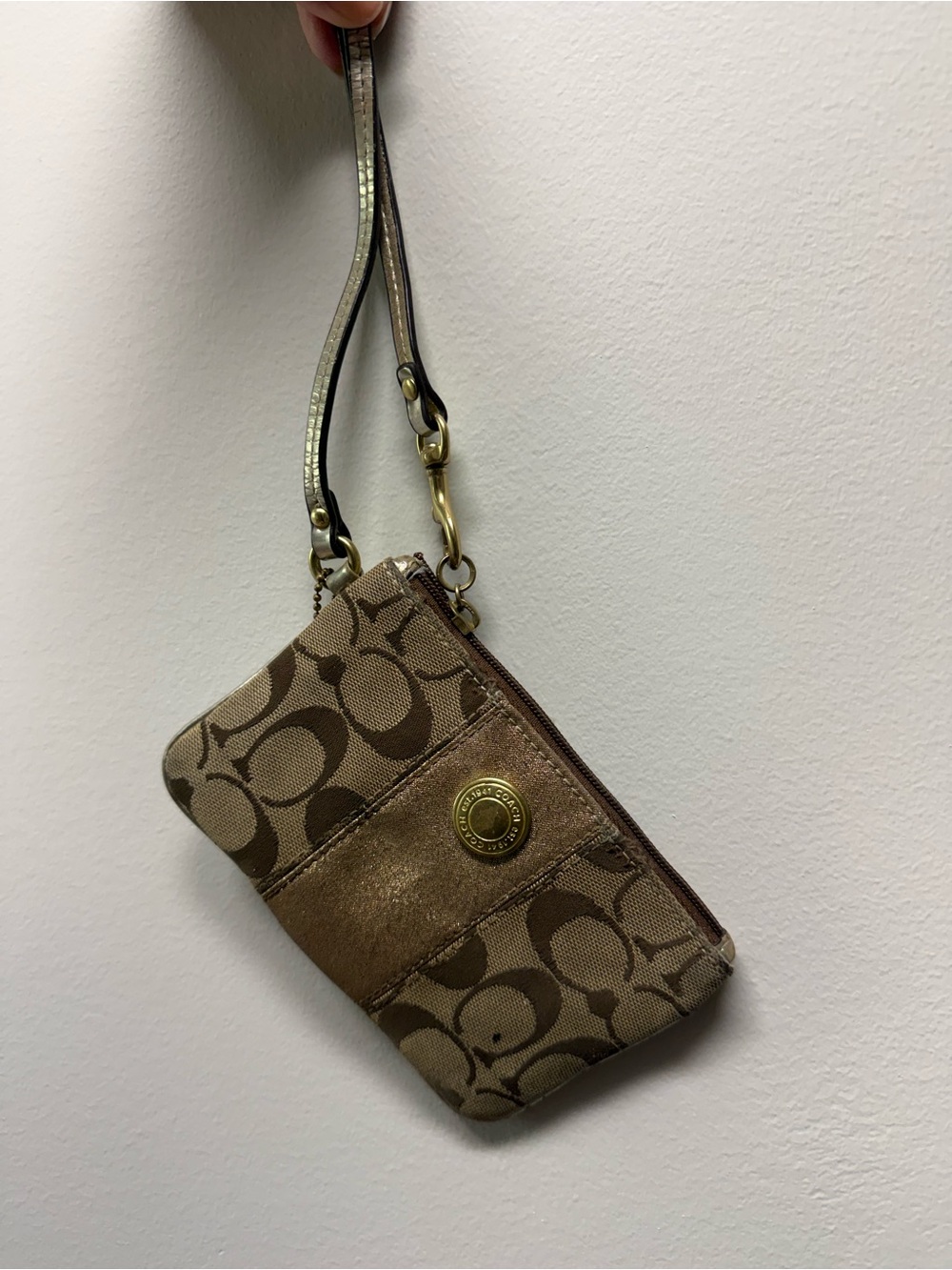 Coach Brown Signature Canvas Wristlet with Metallic Gold Trim